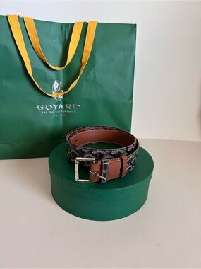 Goyard Black & Brown Patterned Canvas Belt with Silver Buckle